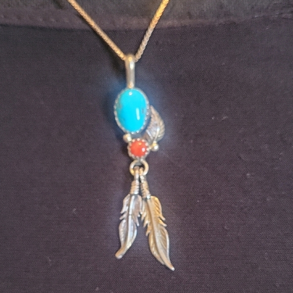 Turquoise and Coral Feather Pendant Necklace - Picture 2 of 4